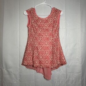 Julie's Closet Top Floral Lace Chiffon Back Bow High Low Hem Pink Medium